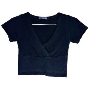 Brandy Melville Black V Neck Short Sleeve Crop Top Women’s Juniors One Size